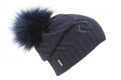 Cashmere wool cap with rhinestones and fur pompom